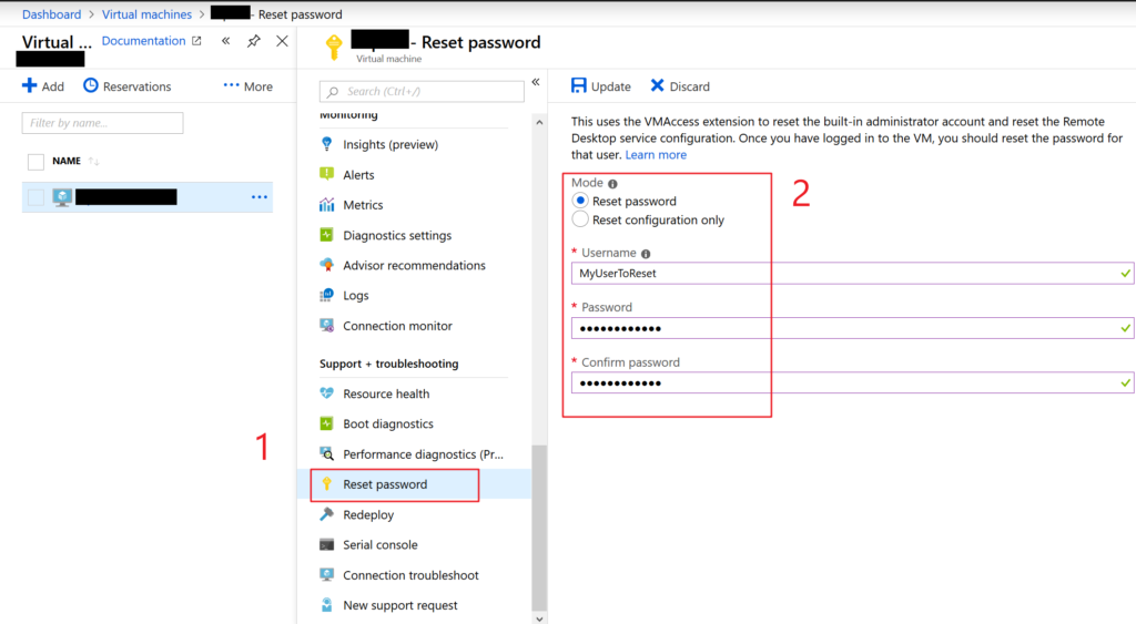 Azure portal reset password for VM